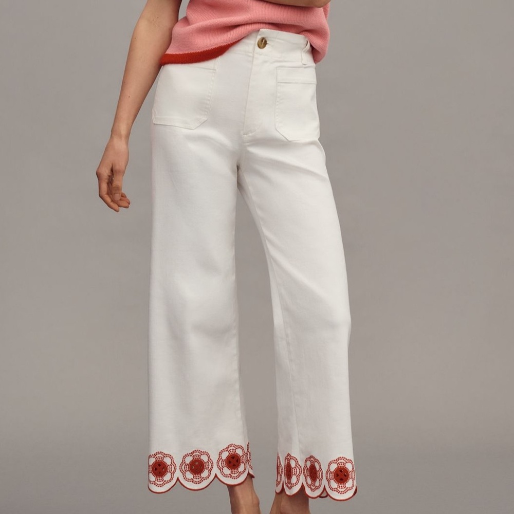 Maeve The Colette Scalloped Hem Embroidered White Jeans